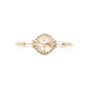 0.50ctw Rose Cut Three-Stone Diamond Engagement Ring, Halo, Tapered Baguettes - 14K Yellow Gold
