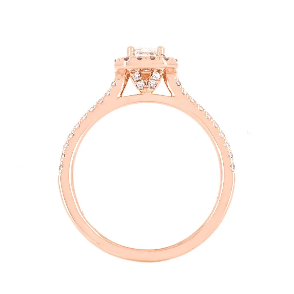 0.80ctw Emerald Diamond Engagement Ring, Halo, Pav Band - 14K Rose Gold