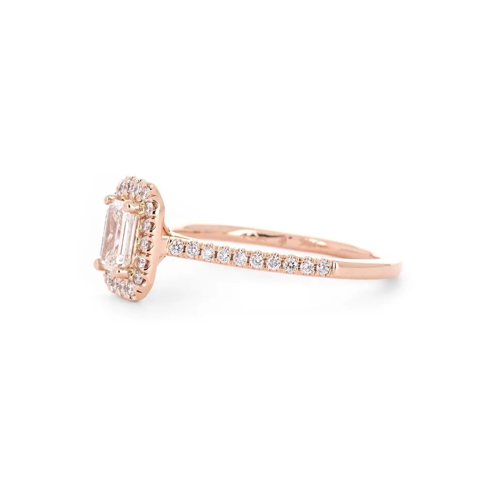 0.80ctw Emerald Diamond Engagement Ring, Halo, Pav Band - 14K Rose Gold
