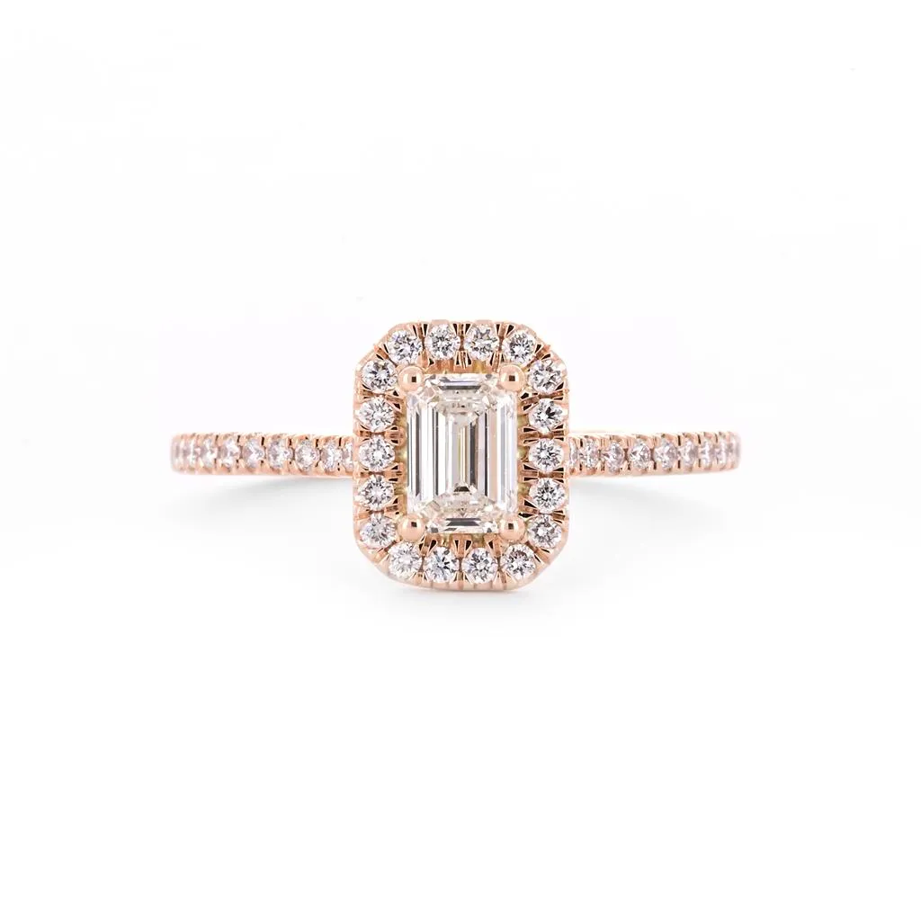 0.80ctw Emerald Diamond Engagement Ring, Halo, Pav Band - 14K Rose Gold