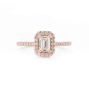 0.80ctw Emerald Diamond Engagement Ring, Halo, Pav Band - 14K Rose Gold