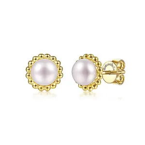 14K Y Gold 6mm Pearl with Beaded Frame Stud Earrings