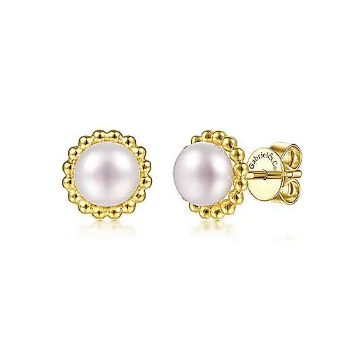 14K Y Gold 6mm Pearl with Beaded Frame Stud Earrings