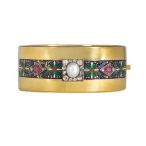 15KT Yellow Gold Diamond, Enamel, Natural Pearl & Ruby Cuff Bracelet