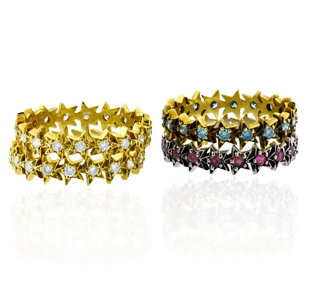 18kt Gold Stackable Pav Ruby and Sapphire Star Eternity Band