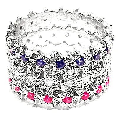 18kt Gold Stackable Pav Ruby and Sapphire Star Eternity Band