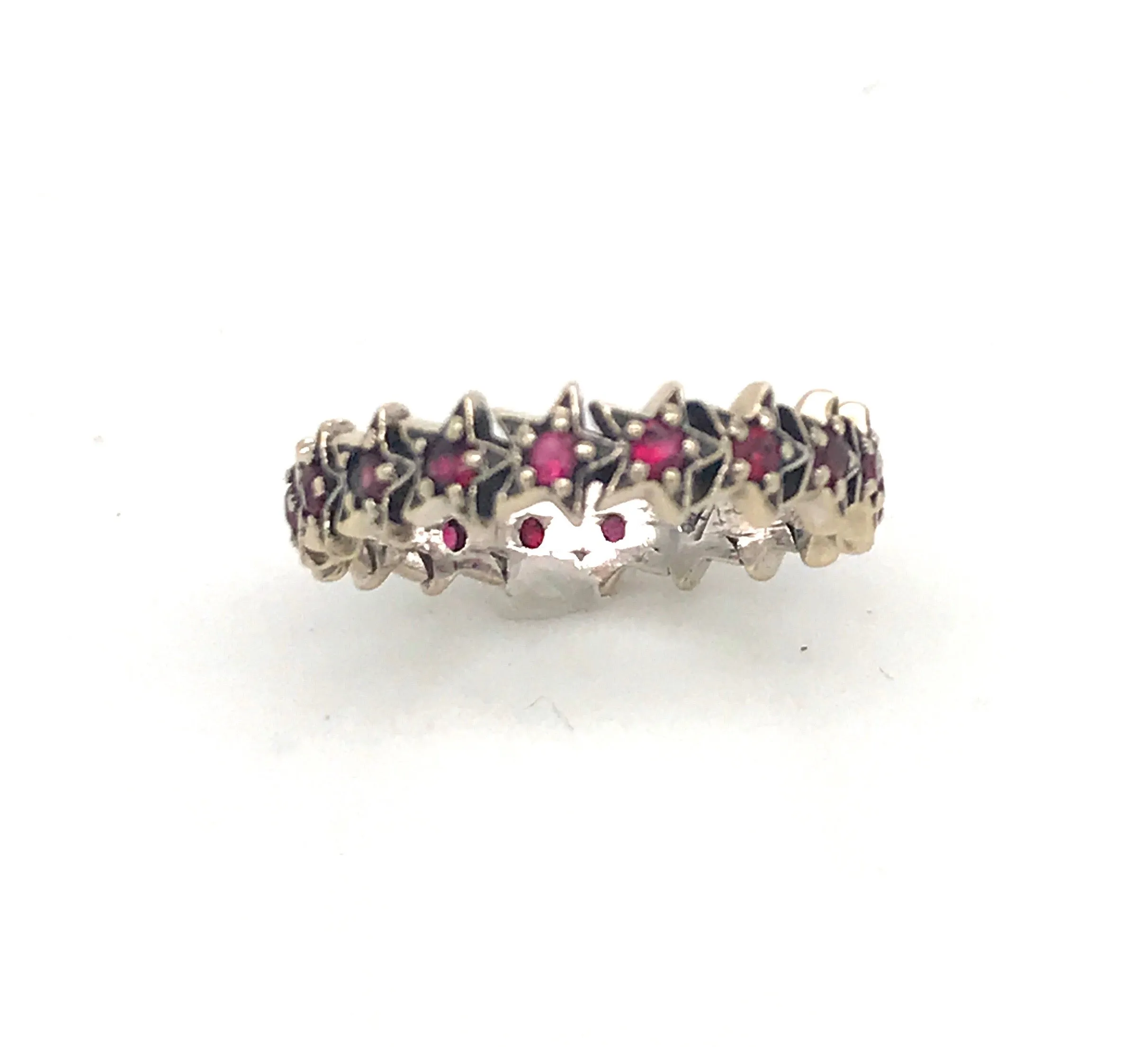 18kt Gold Stackable Pav Ruby and Sapphire Star Eternity Band
