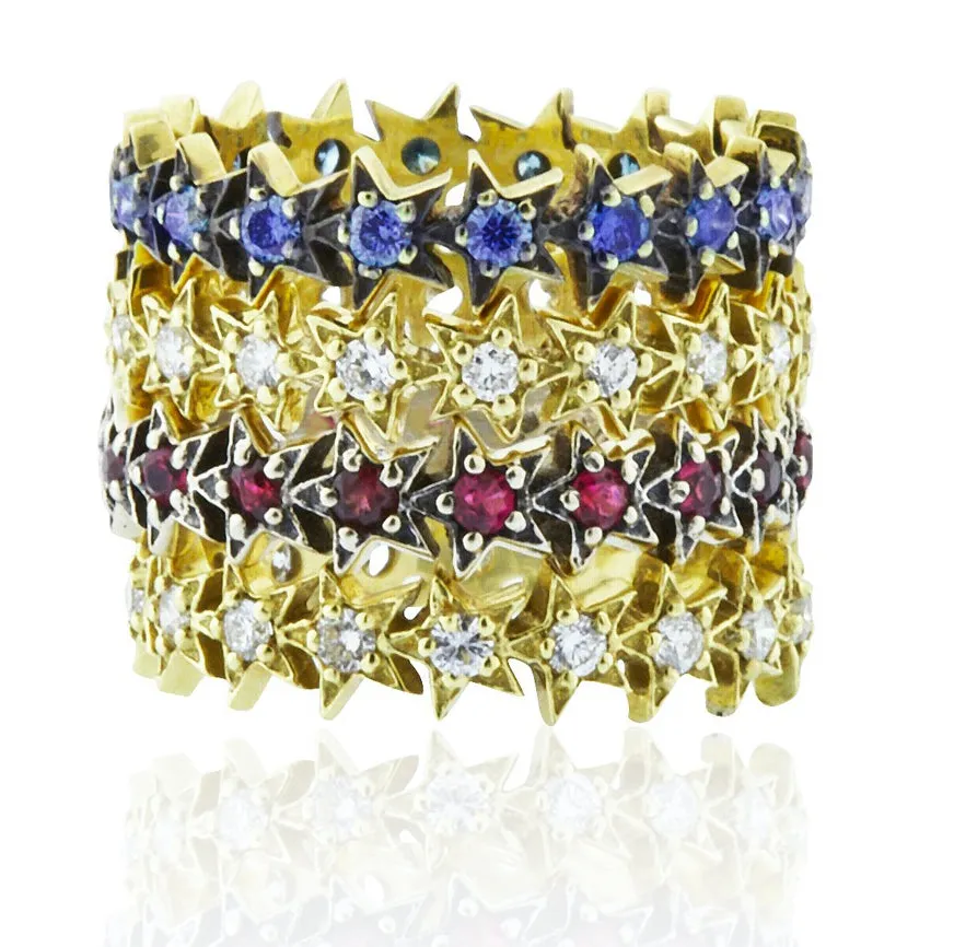 18kt Gold Stackable Pav Ruby and Sapphire Star Eternity Band