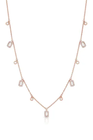 18kt Rose Gold Round and Rectangular Diamond Dangles Necklace