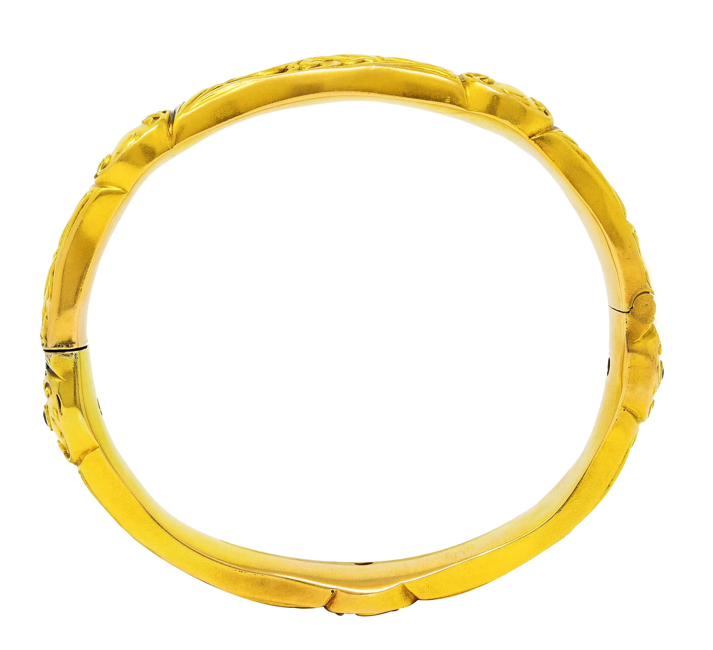 1905 Art Nouveau Diamond Sapphire 18 Karat Yellow Gold Iris Bangle Bracelet