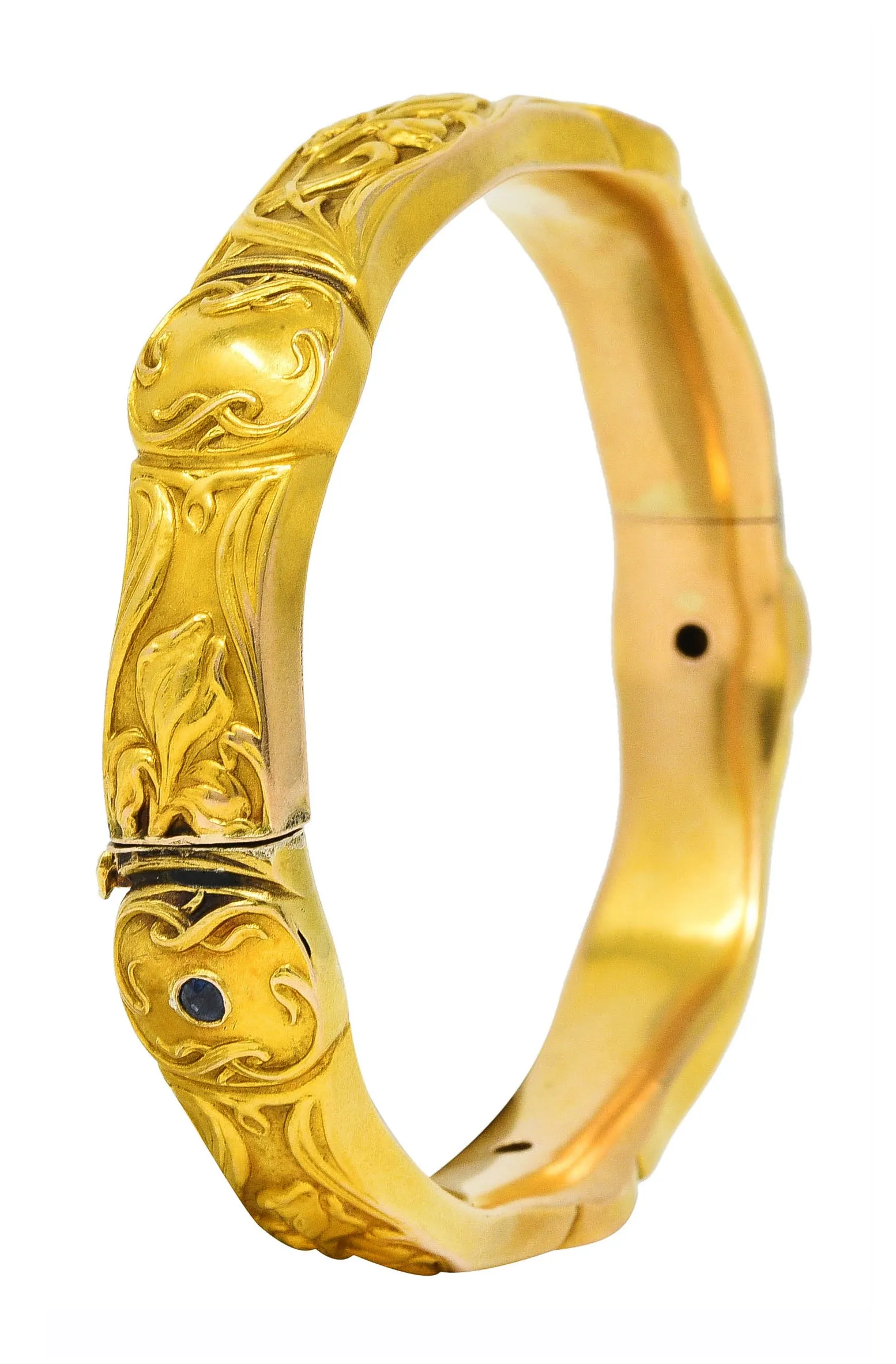 1905 Art Nouveau Diamond Sapphire 18 Karat Yellow Gold Iris Bangle Bracelet