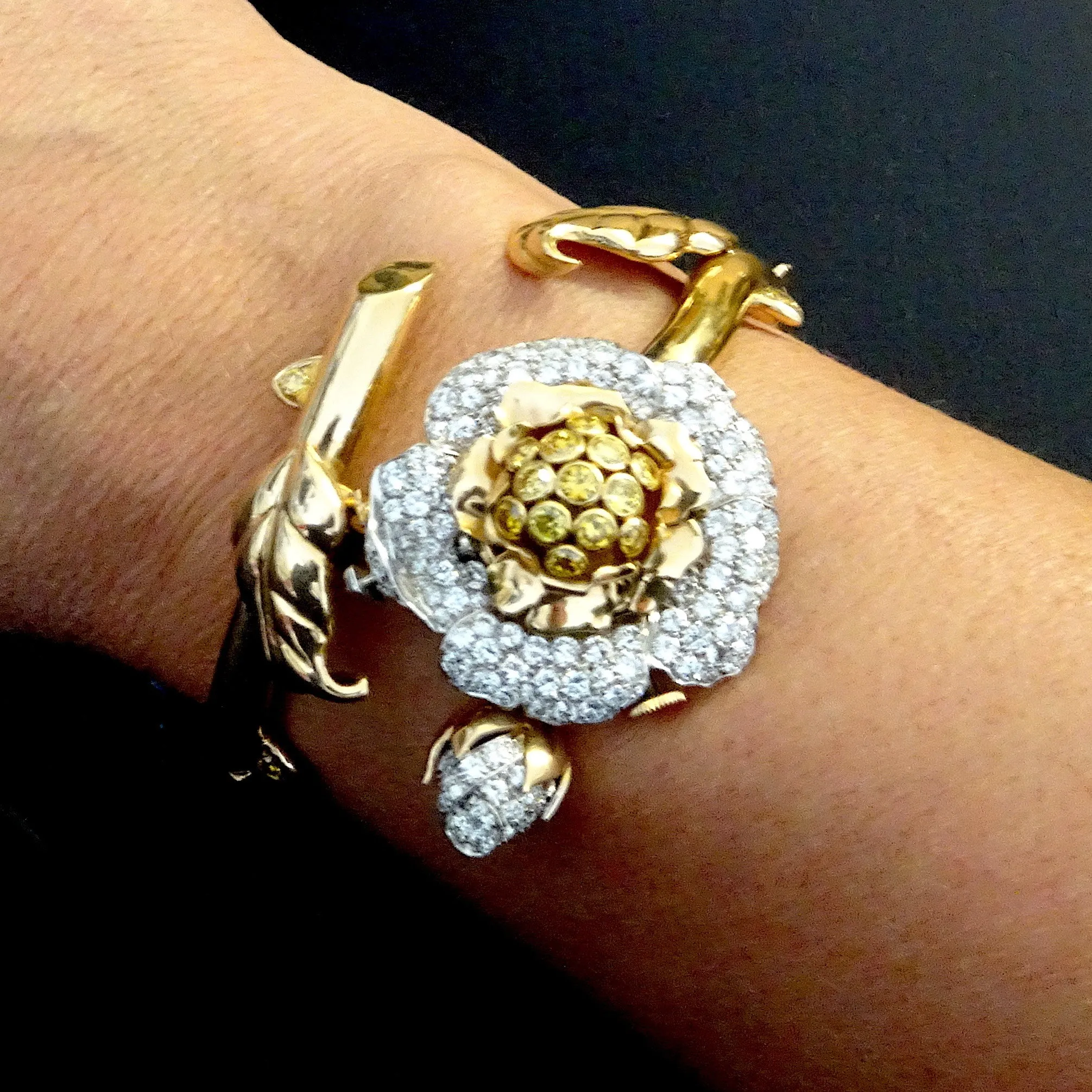 1950s 18KT Yellow Gold Diamond Flower Watch Bracelet & Clips