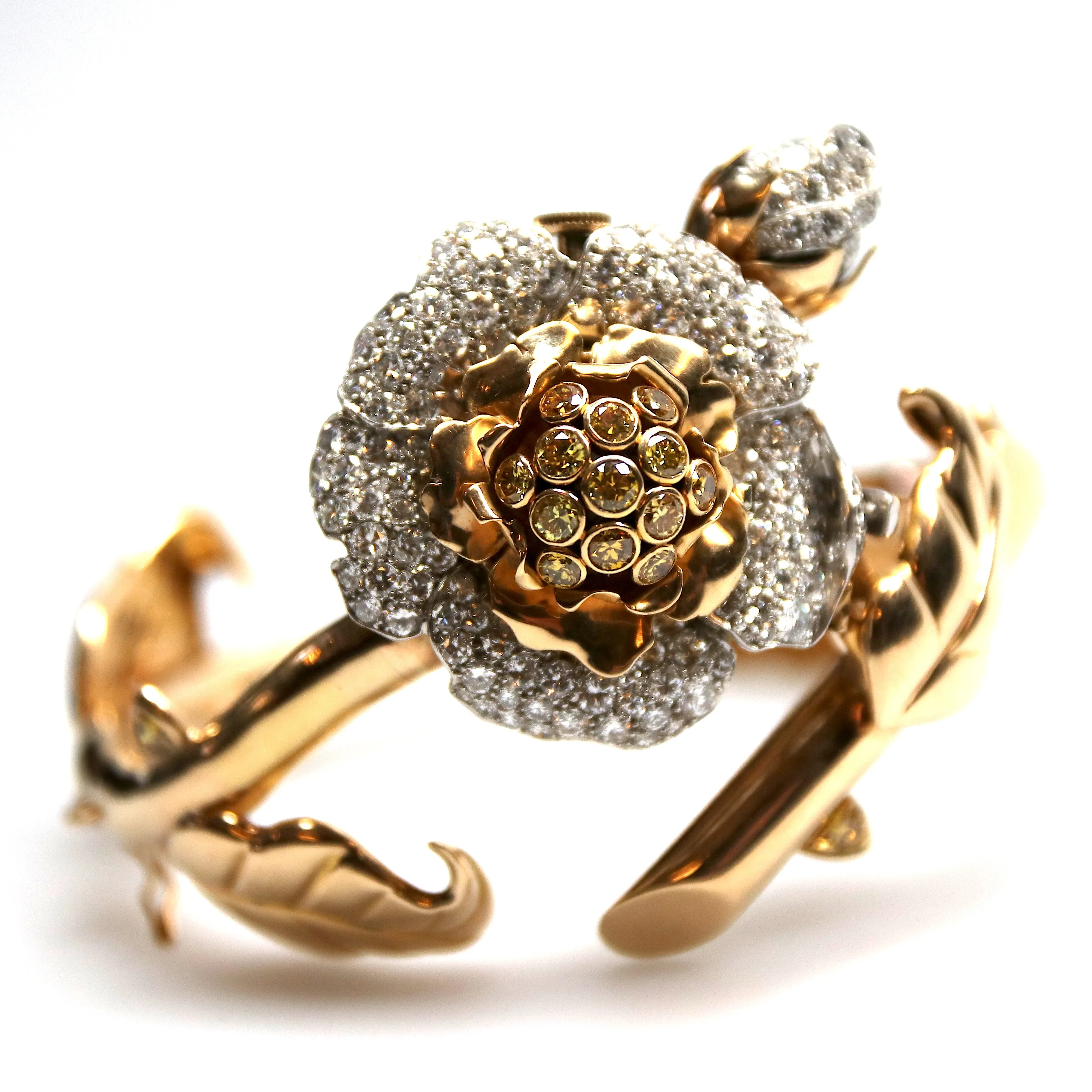1950s 18KT Yellow Gold Diamond Flower Watch Bracelet & Clips