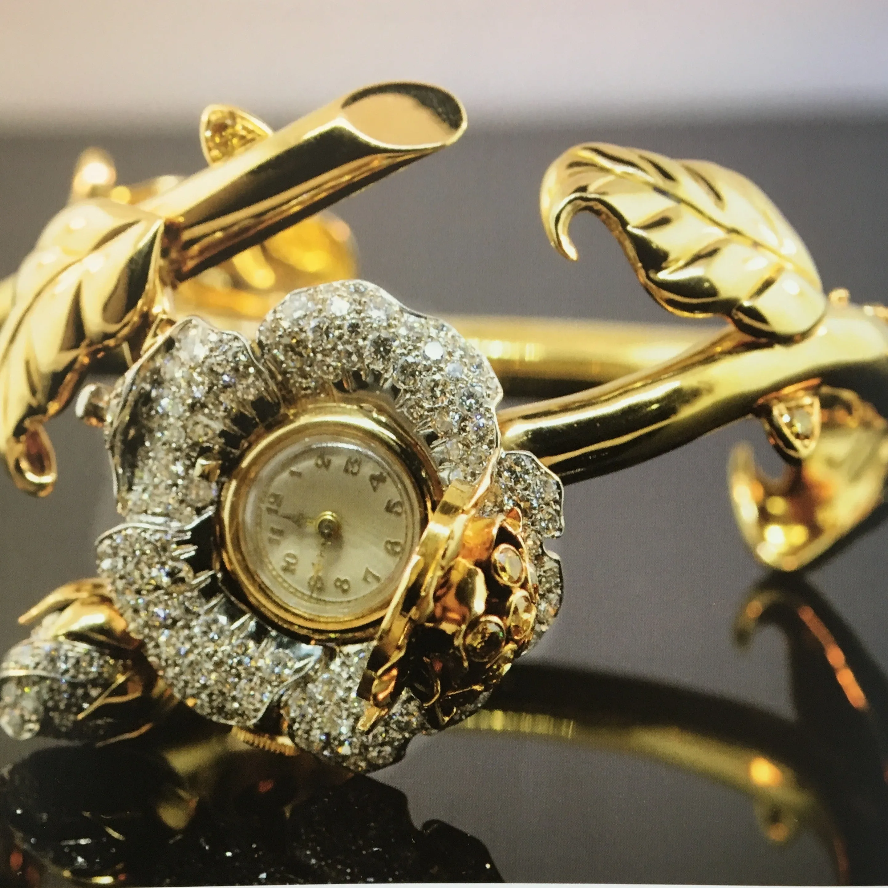 1950s 18KT Yellow Gold Diamond Flower Watch Bracelet & Clips