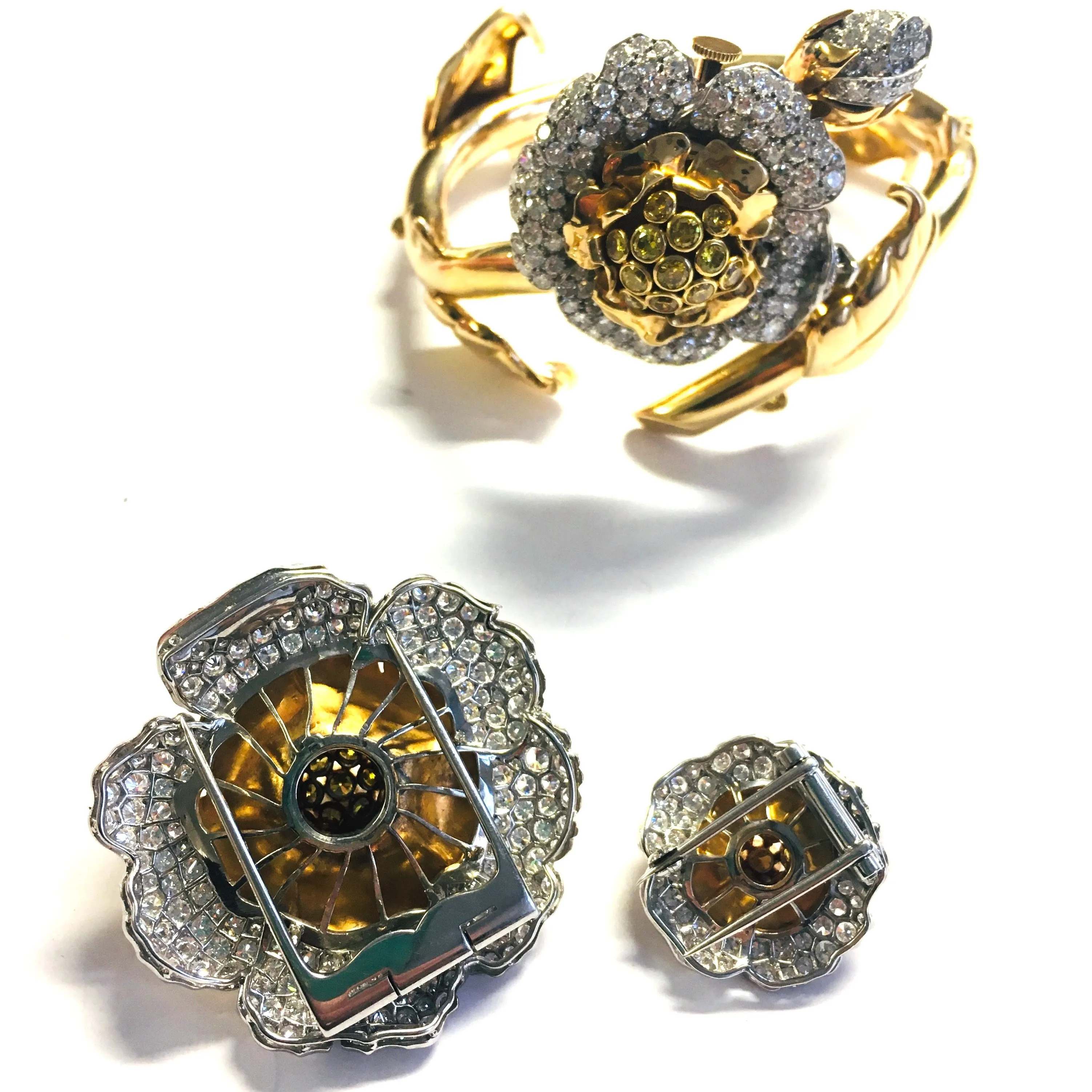 1950s 18KT Yellow Gold Diamond Flower Watch Bracelet & Clips