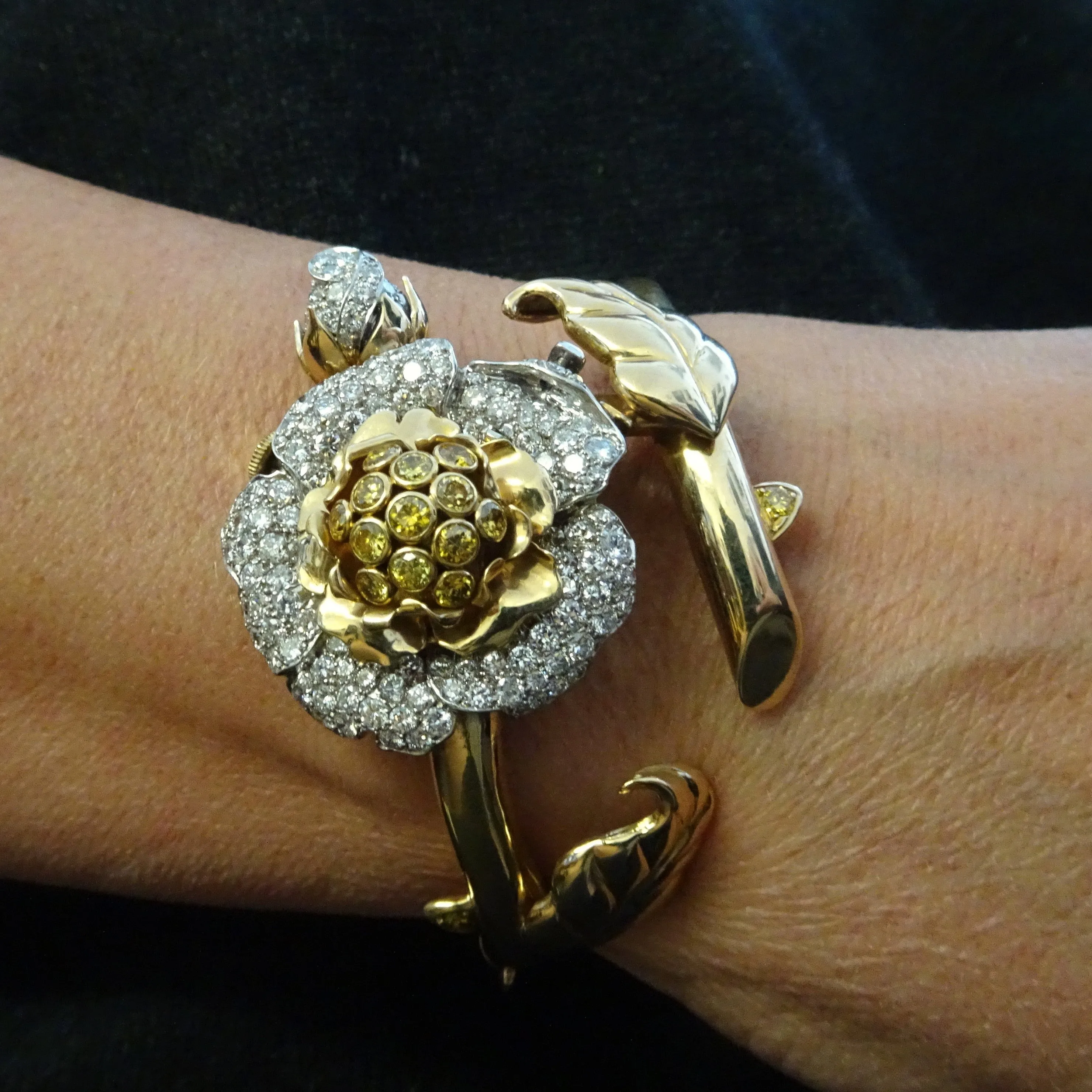 1950s 18KT Yellow Gold Diamond Flower Watch Bracelet & Clips