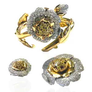 1950s 18KT Yellow Gold Diamond Flower Watch Bracelet & Clips