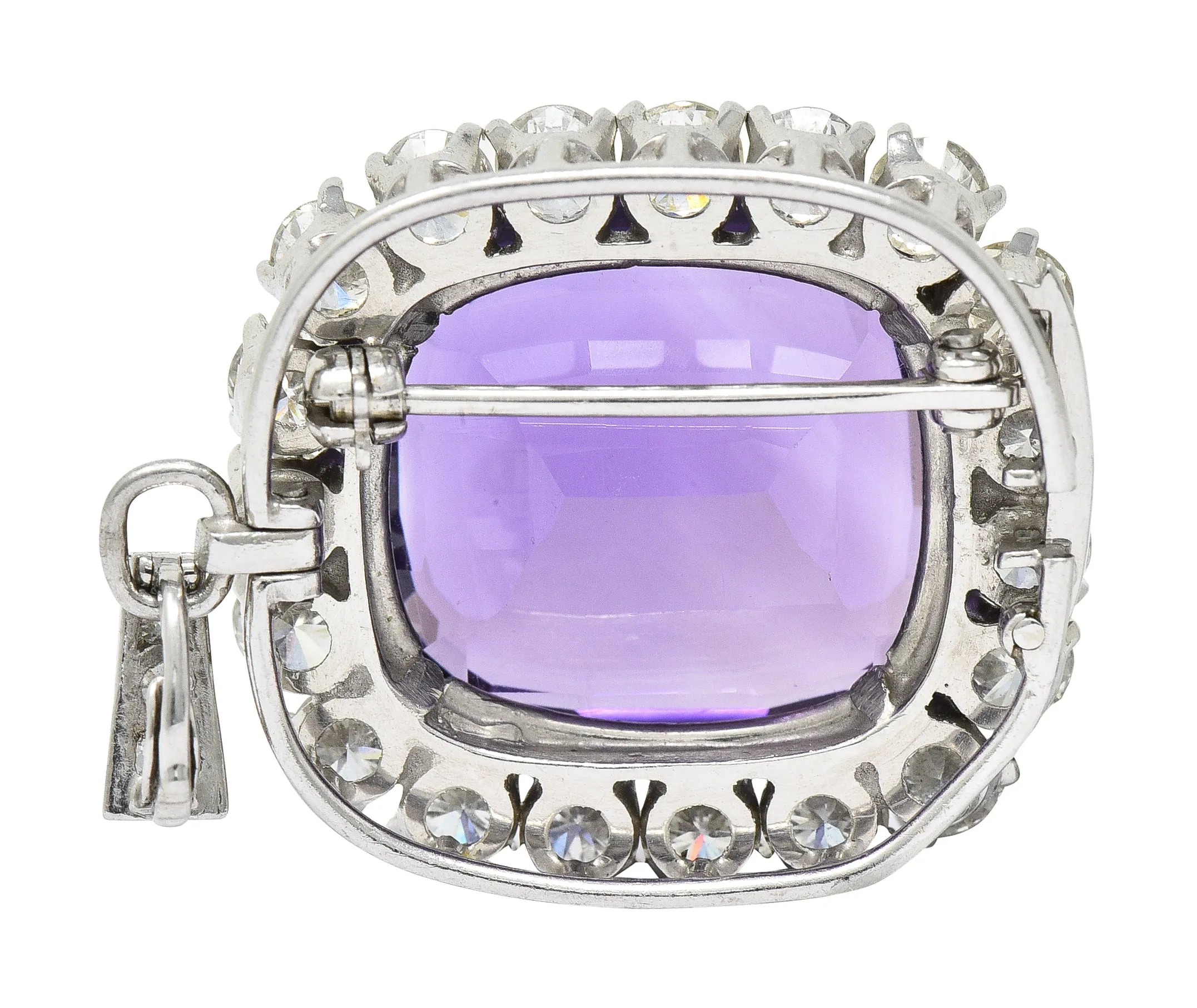 1950's Mid-Century Amethyst Diamond Platinum Cluster Enhancer Pendant Brooch Necklace