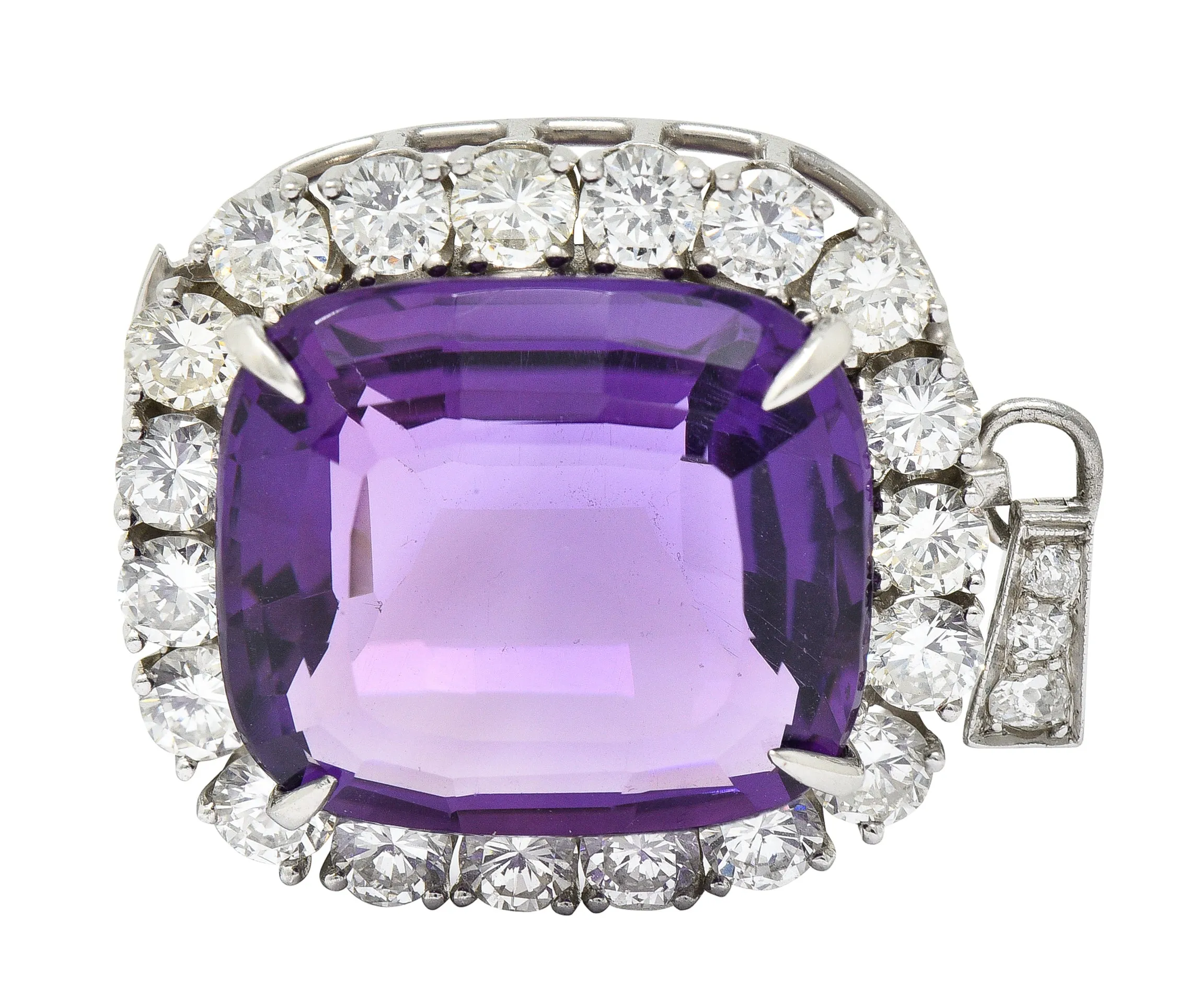 1950's Mid-Century Amethyst Diamond Platinum Cluster Enhancer Pendant Brooch Necklace