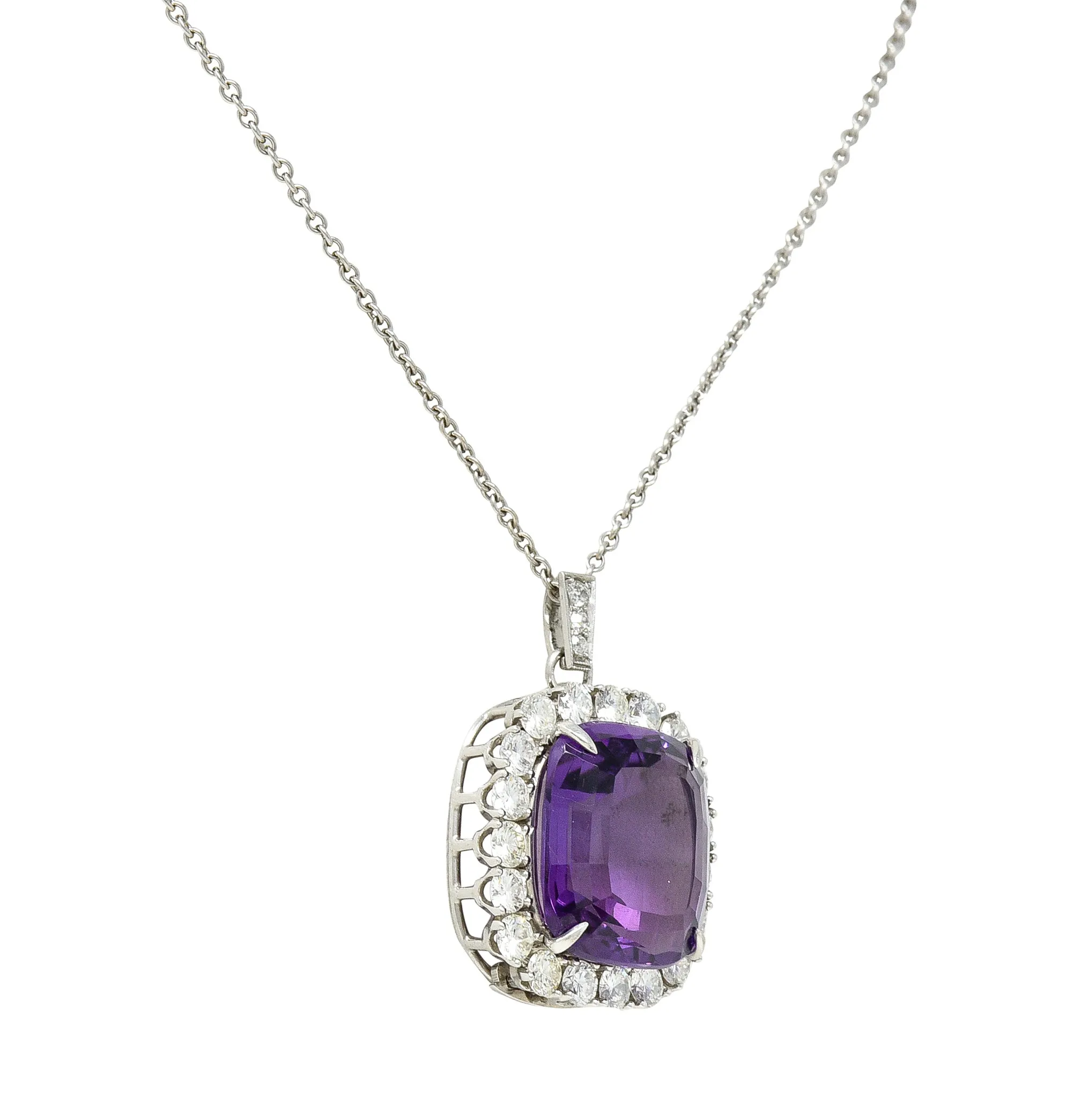 1950's Mid-Century Amethyst Diamond Platinum Cluster Enhancer Pendant Brooch Necklace
