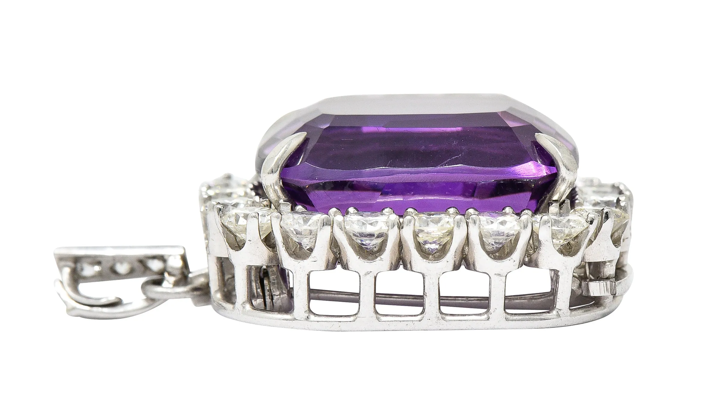 1950's Mid-Century Amethyst Diamond Platinum Cluster Enhancer Pendant Brooch Necklace