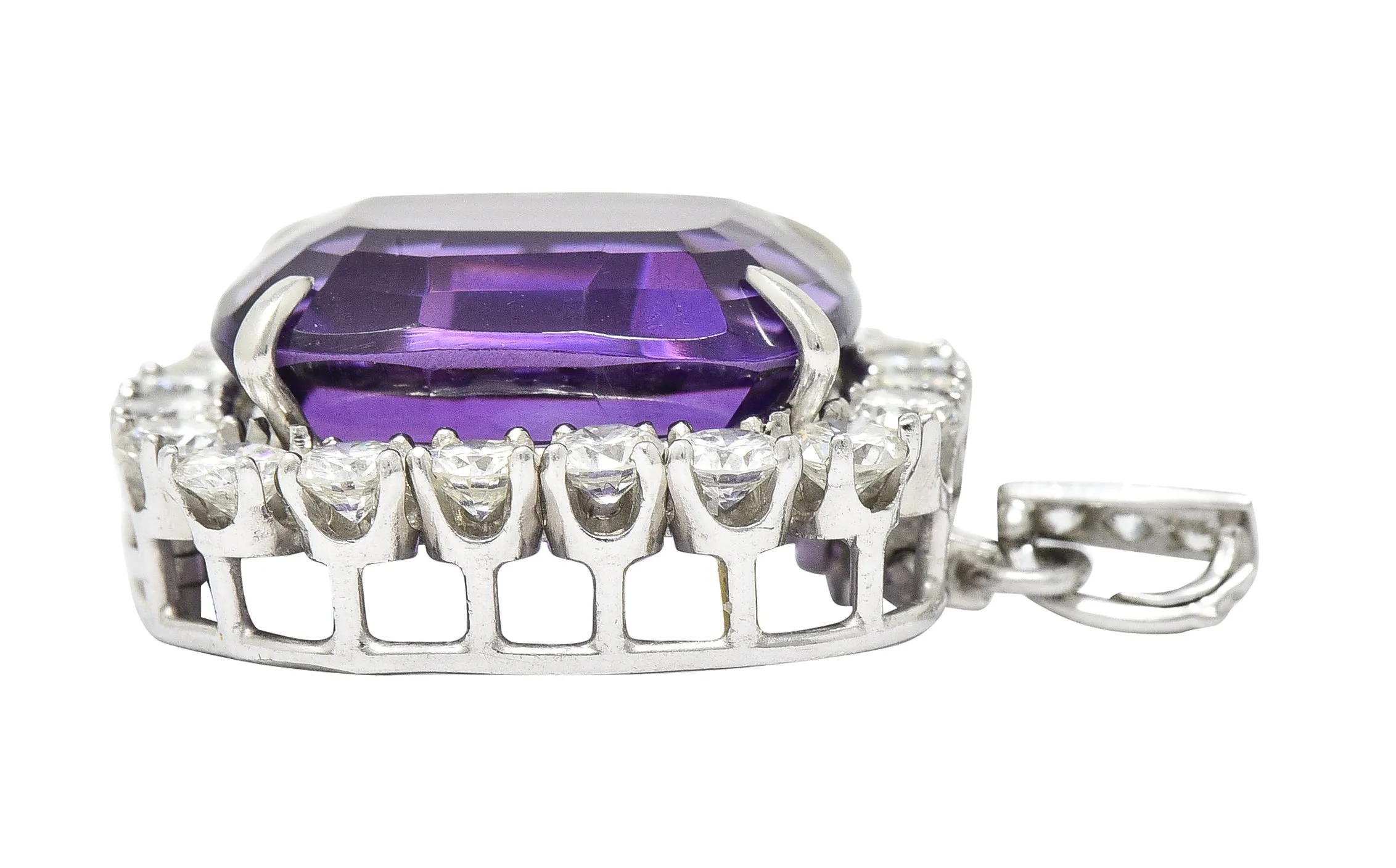 1950's Mid-Century Amethyst Diamond Platinum Cluster Enhancer Pendant Brooch Necklace