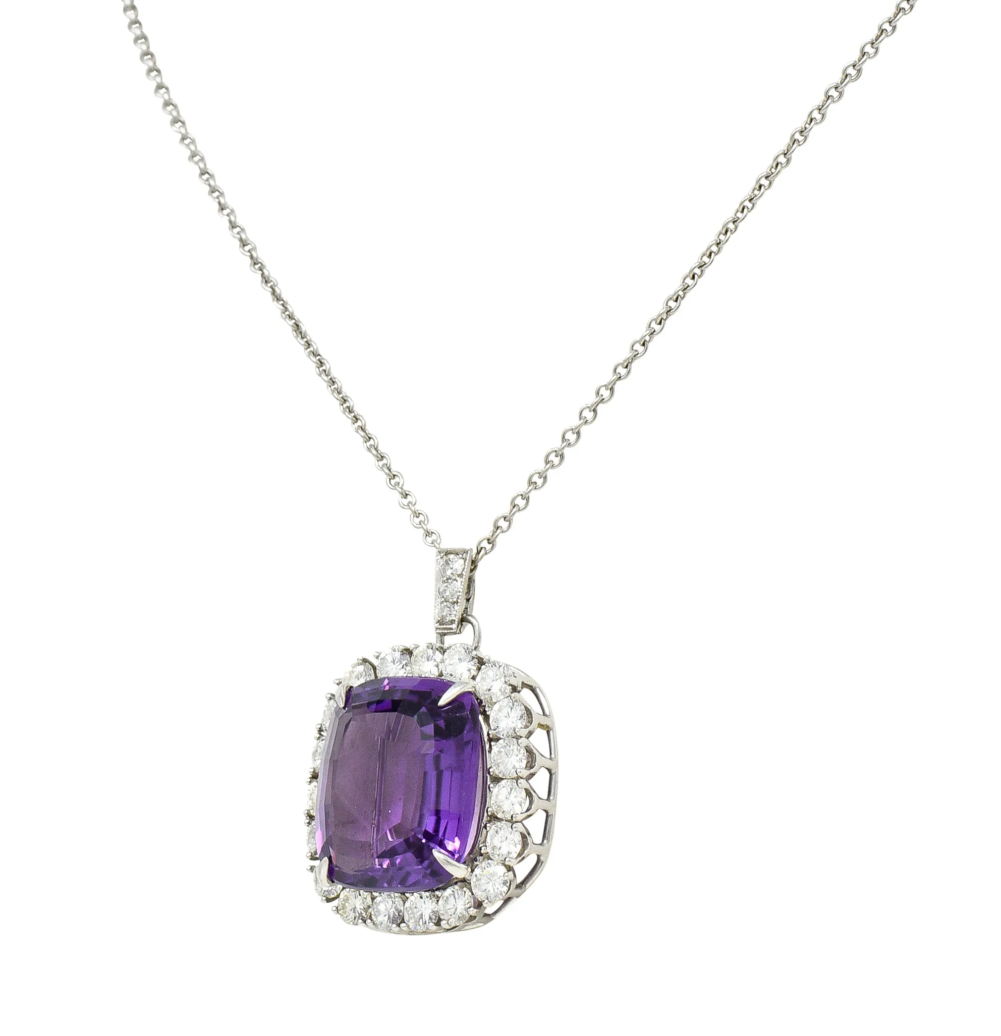 1950's Mid-Century Amethyst Diamond Platinum Cluster Enhancer Pendant Brooch Necklace