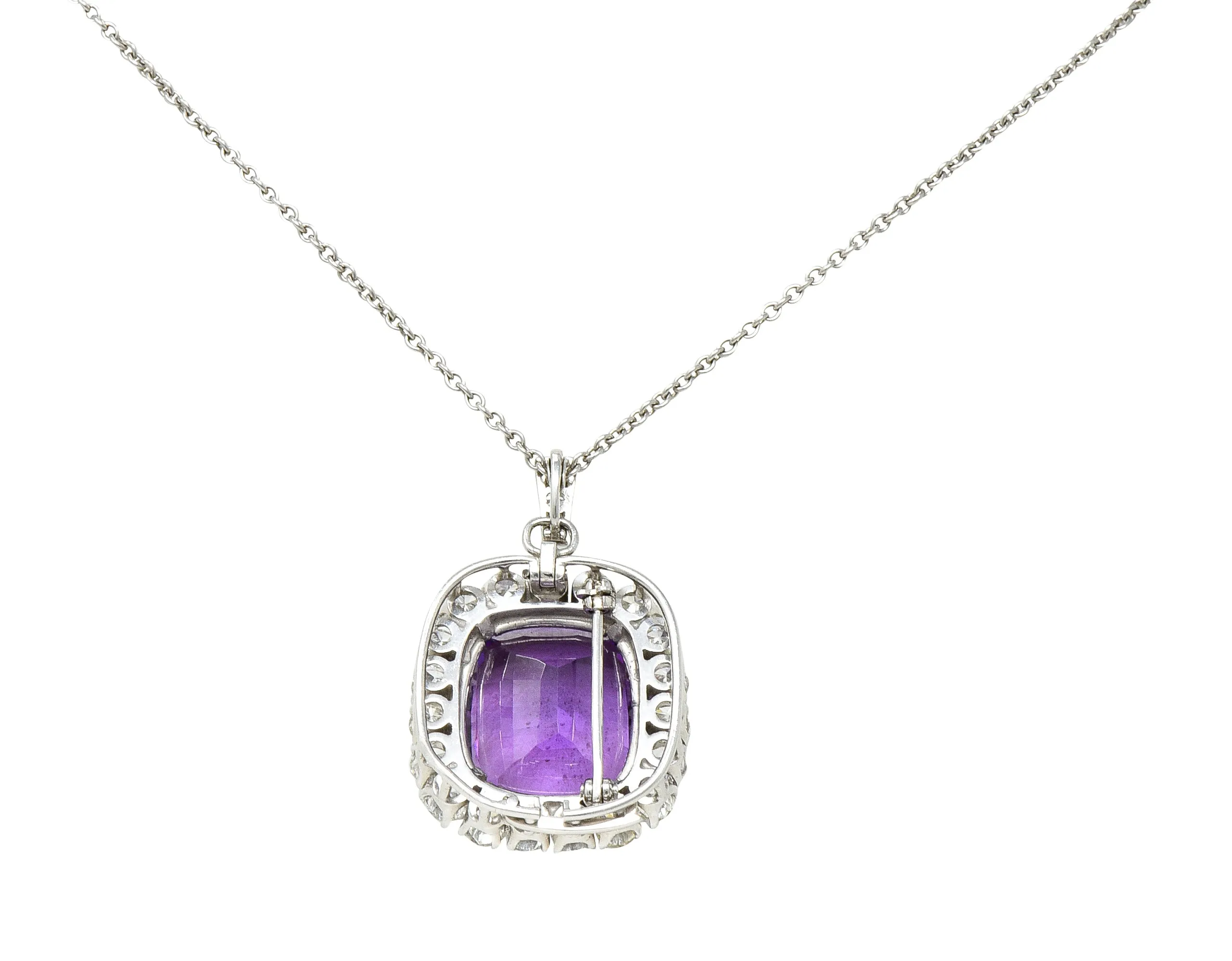 1950's Mid-Century Amethyst Diamond Platinum Cluster Enhancer Pendant Brooch Necklace