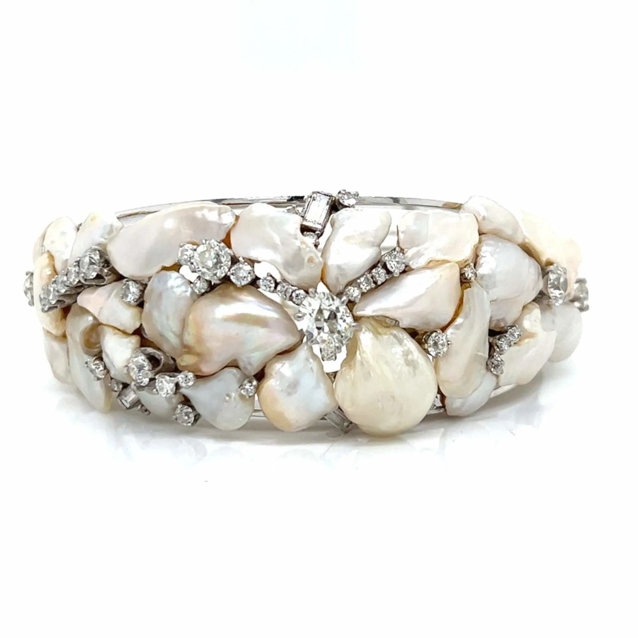 1960s 14KT White Gold Natural Pearl & Diamond Bracelet