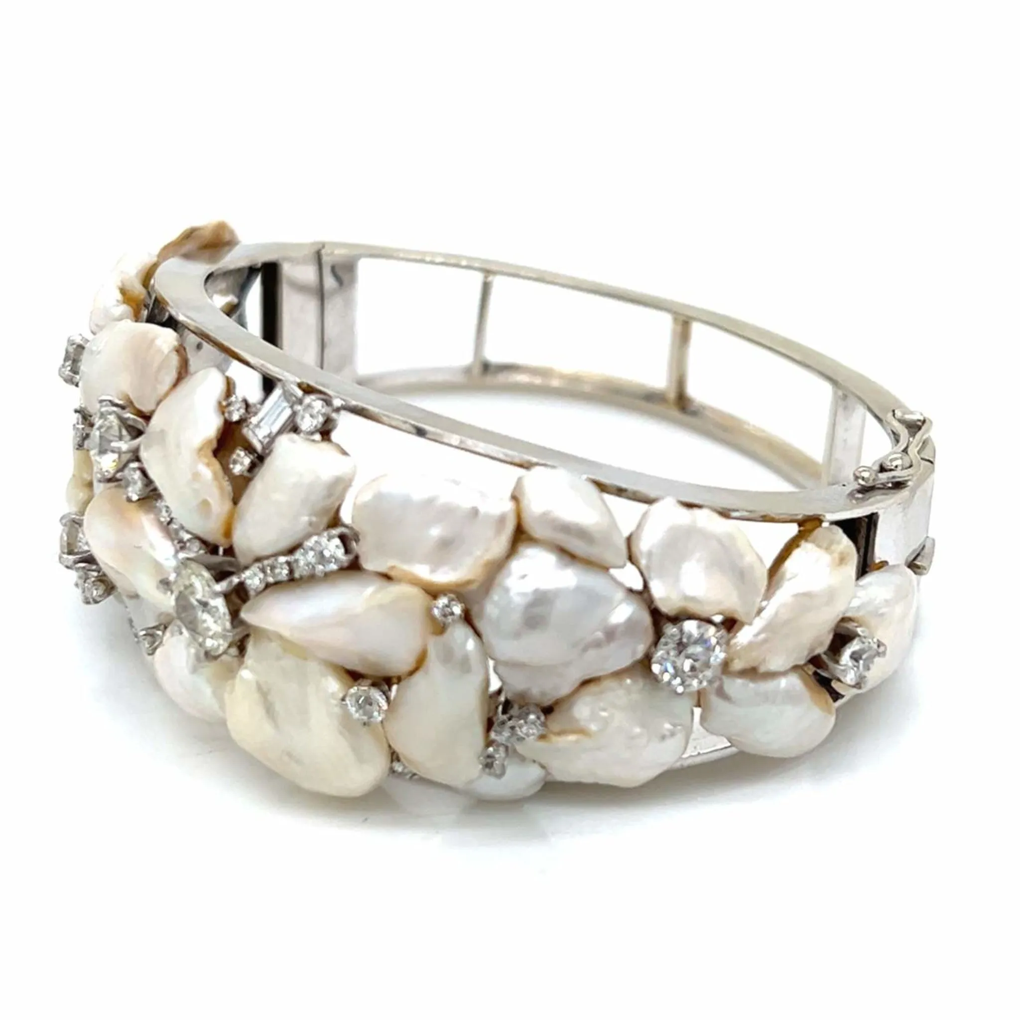 1960s 14KT White Gold Natural Pearl & Diamond Bracelet