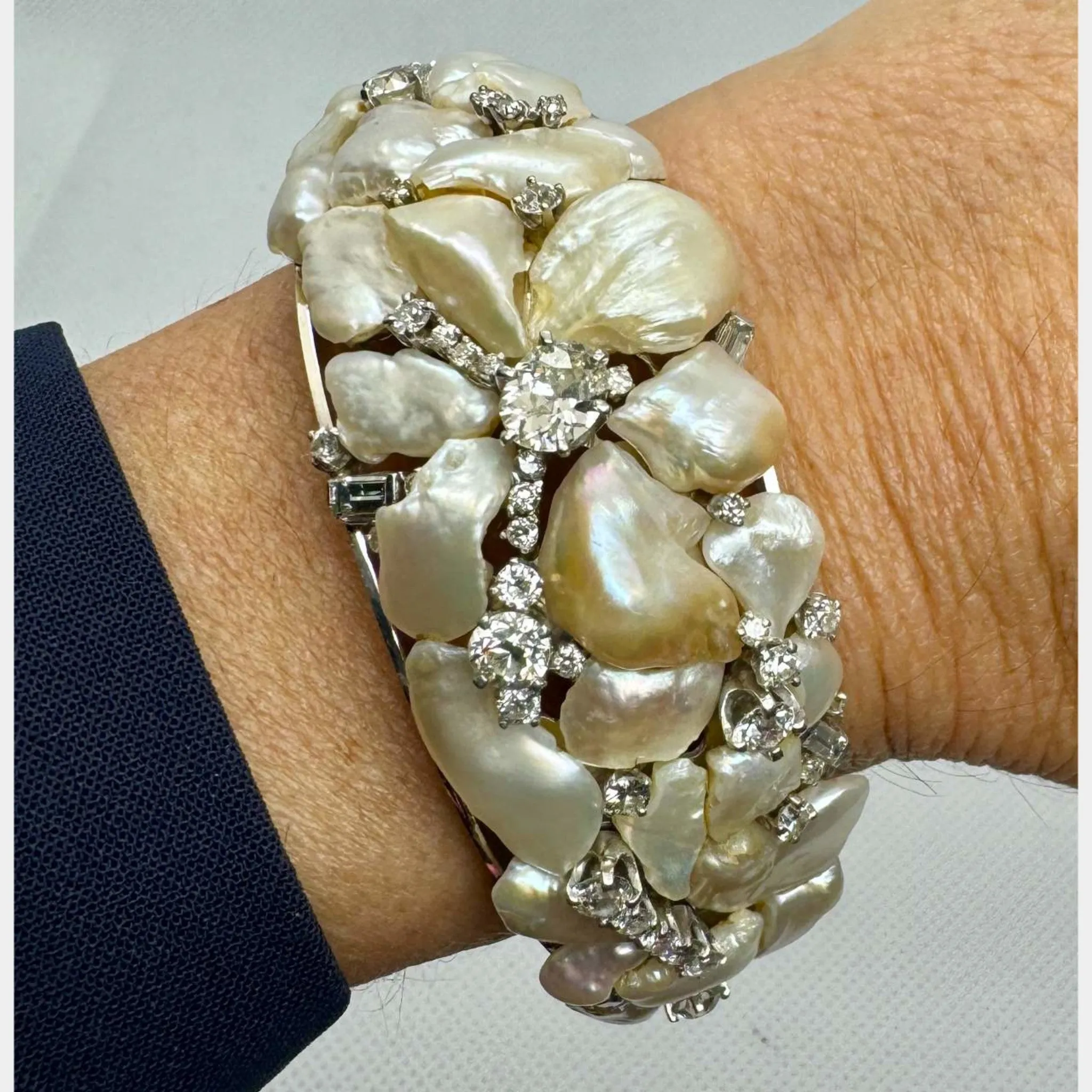1960s 14KT White Gold Natural Pearl & Diamond Bracelet