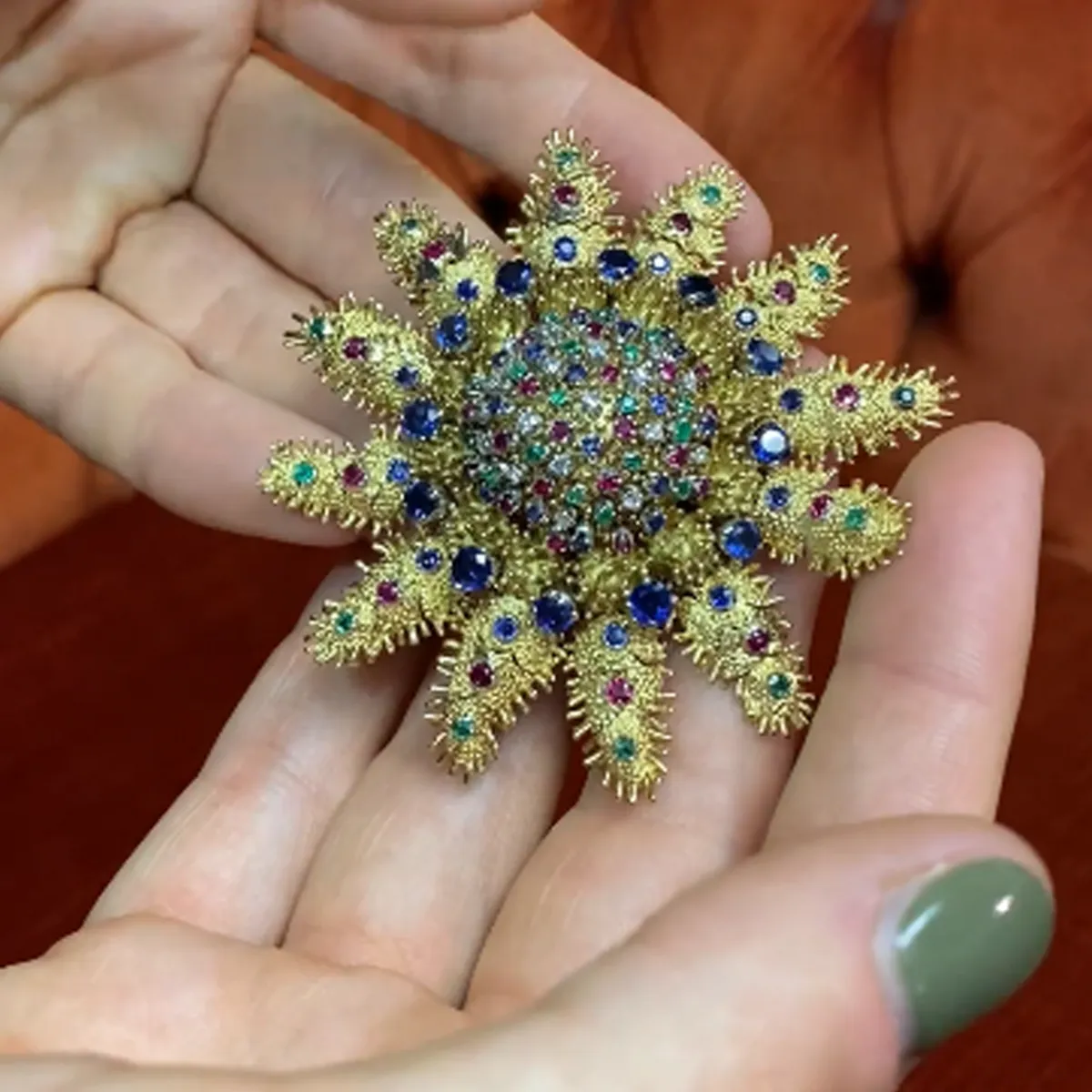 1960s 18KT Yellow Gold Diamond, Emerald, Ruby & Sapphire Articulated Starfish Brooch