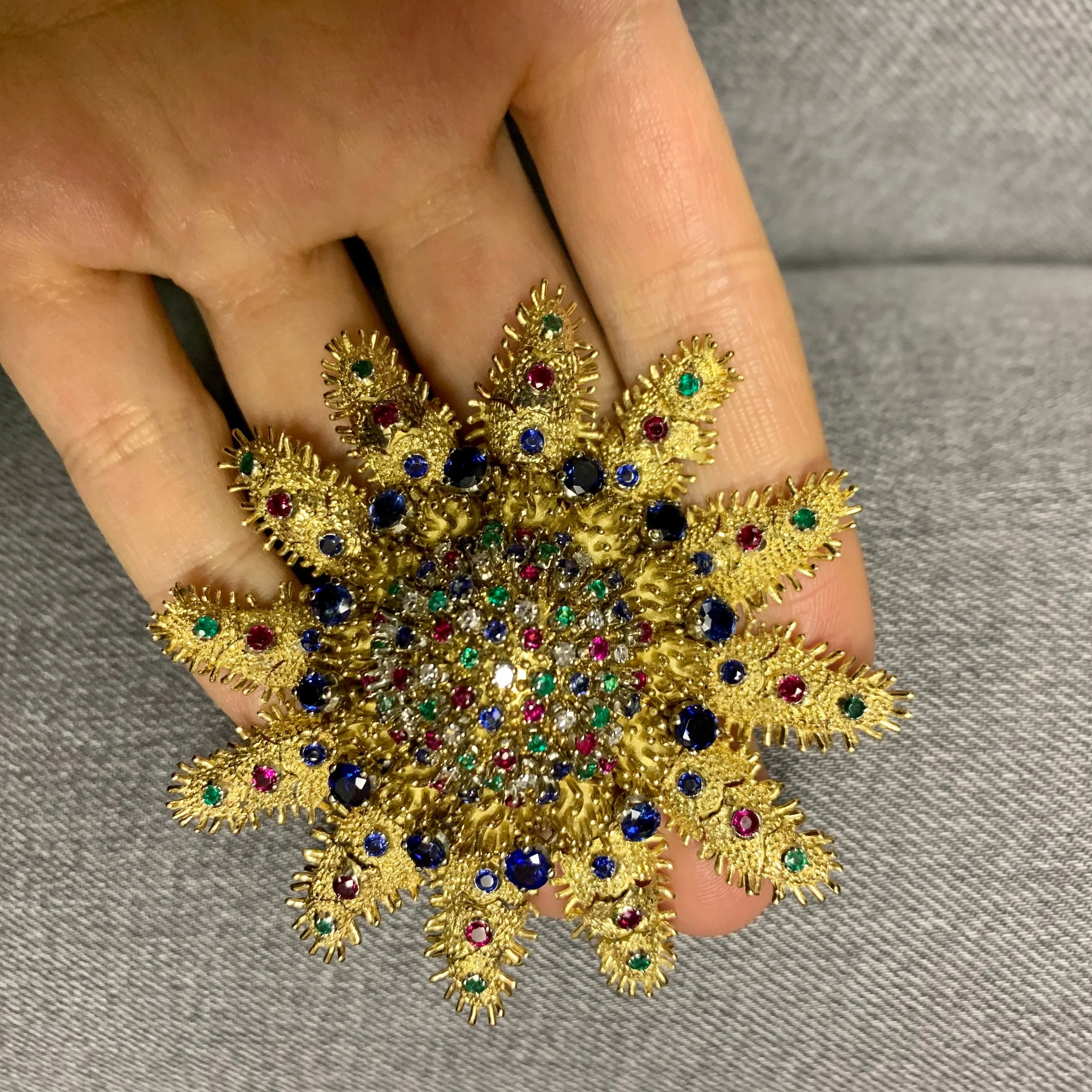 1960s 18KT Yellow Gold Diamond, Emerald, Ruby & Sapphire Articulated Starfish Brooch