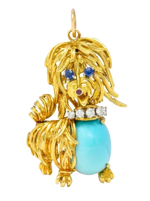 1960's Vintage Turquoise Sapphire Diamond 18 Karat Gold Maltese Dog Pendant