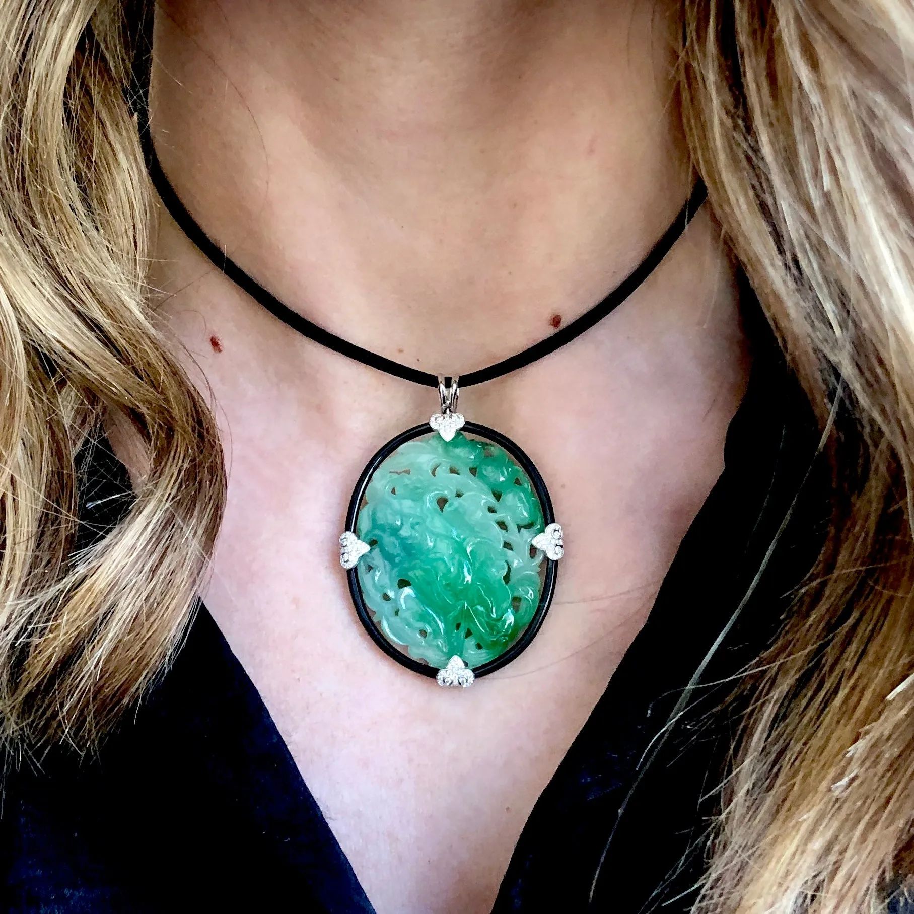 1970s 18KT White Gold Jade, Diamond & Onyx Pendant