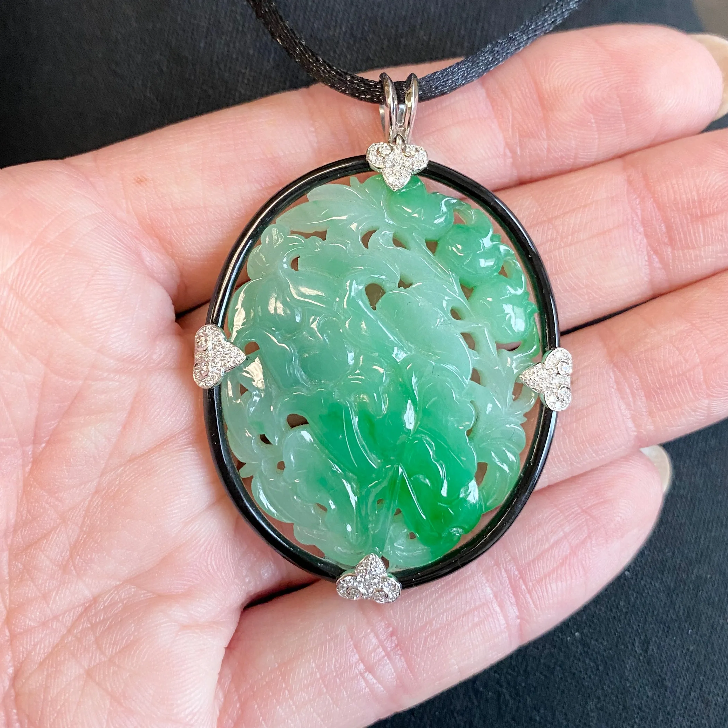 1970s 18KT White Gold Jade, Diamond & Onyx Pendant