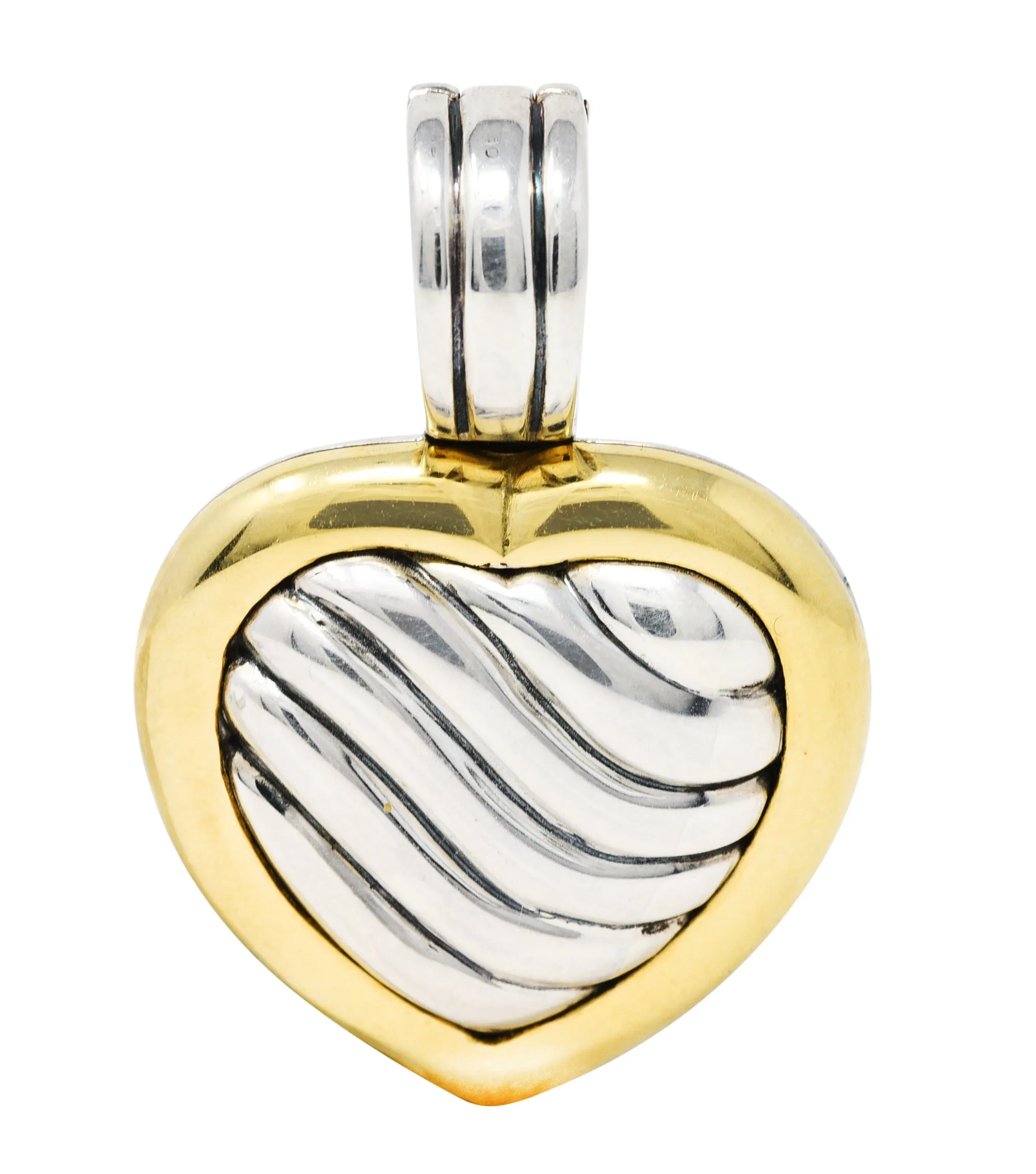 1990's David Yurman 18 Karat Gold Sterling Silver Classic Cable Heart Locket Enhancer Pendant
