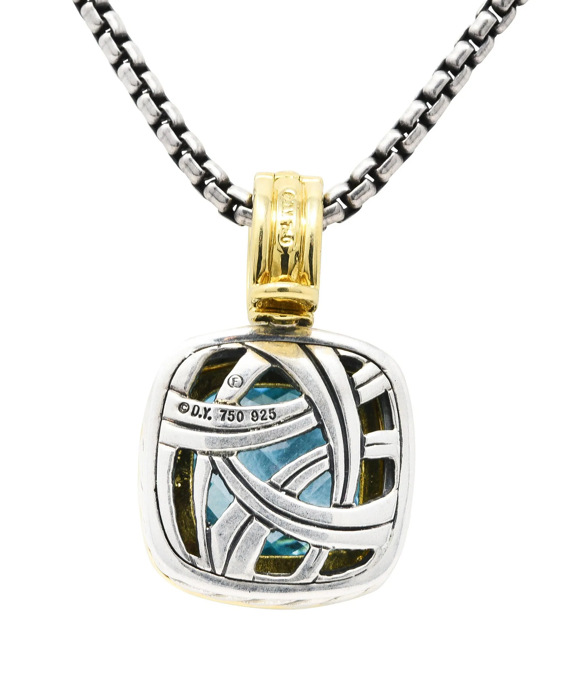 1990's David Yurman Blue Topaz 18 Karat Gold Sterling Silver Enhancer Pendant Necklace