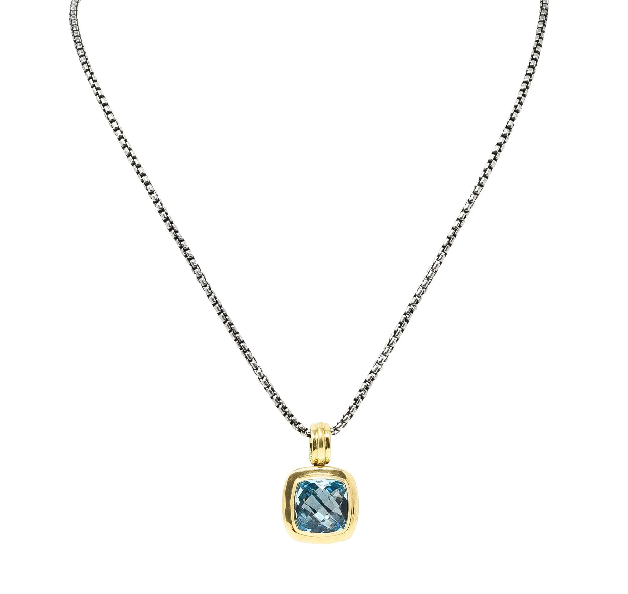 1990's David Yurman Blue Topaz 18 Karat Gold Sterling Silver Enhancer Pendant Necklace