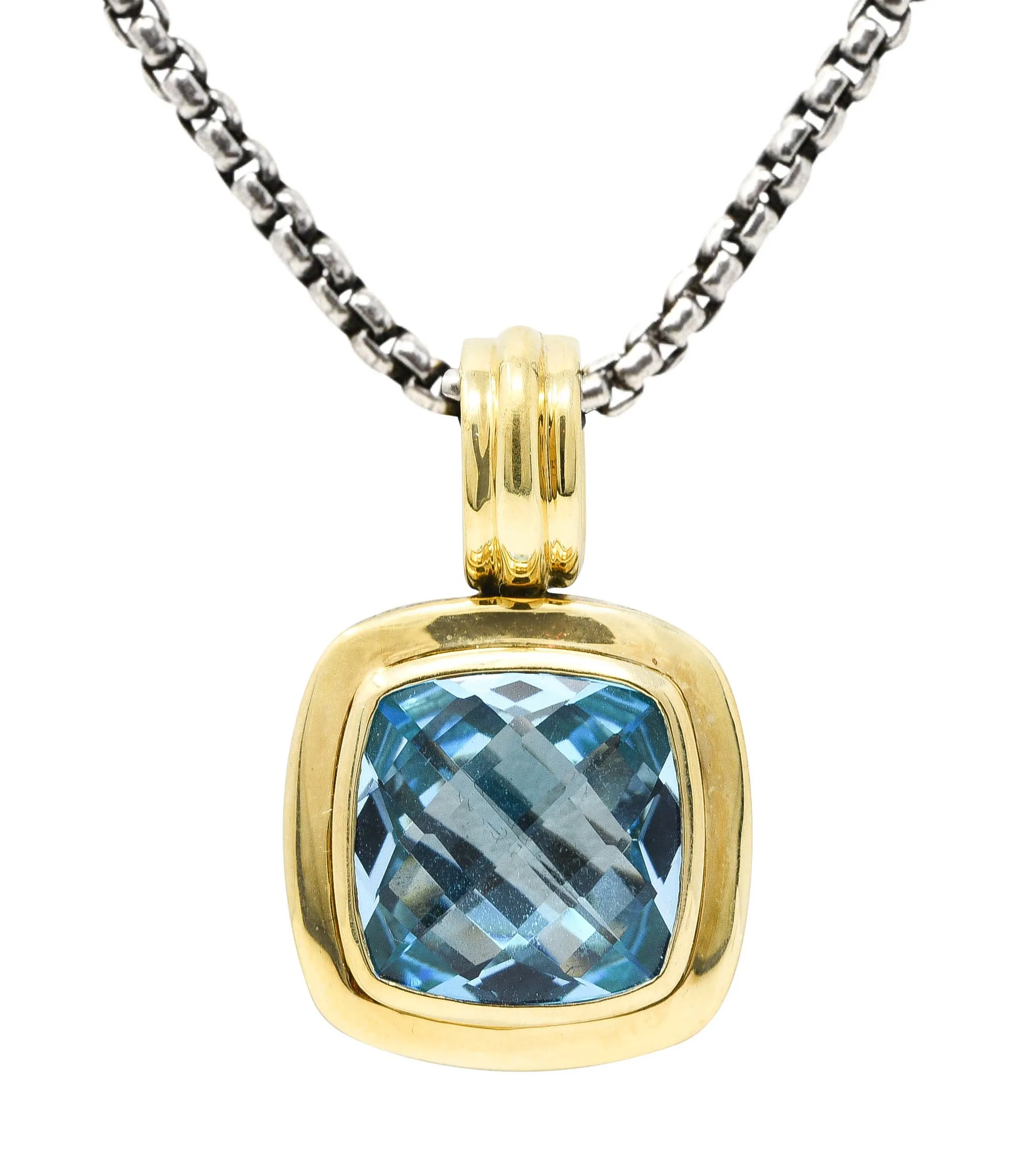 1990's David Yurman Blue Topaz 18 Karat Gold Sterling Silver Enhancer Pendant Necklace