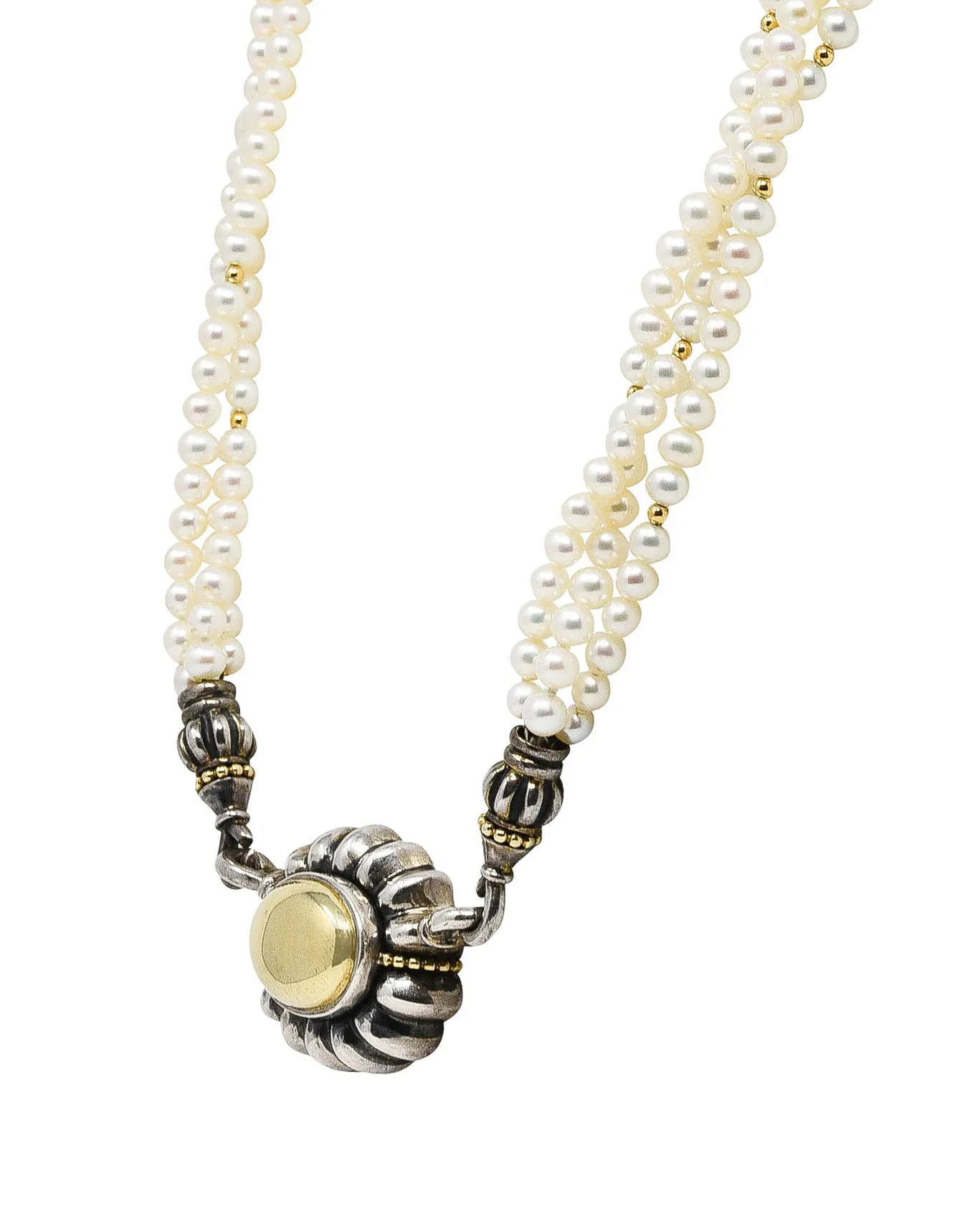 1990's Lagos Pearl 18 Karat Gold Sterling Silver Luna Three Strand Necklace