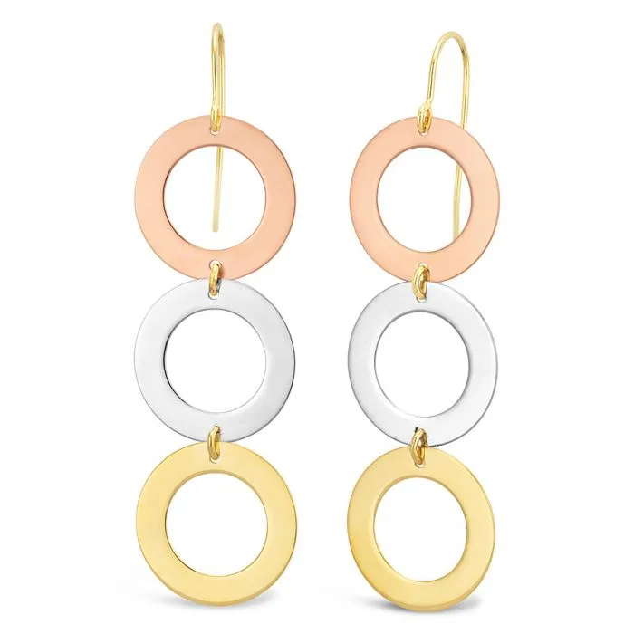 9ct Three-Tone Fancy 3x Circle Drop Hook Earrings