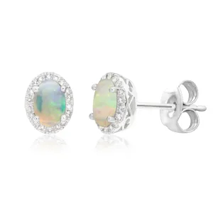 9ct White Gold 0.25ct Natural White Opal and Diamond Stud Earrings