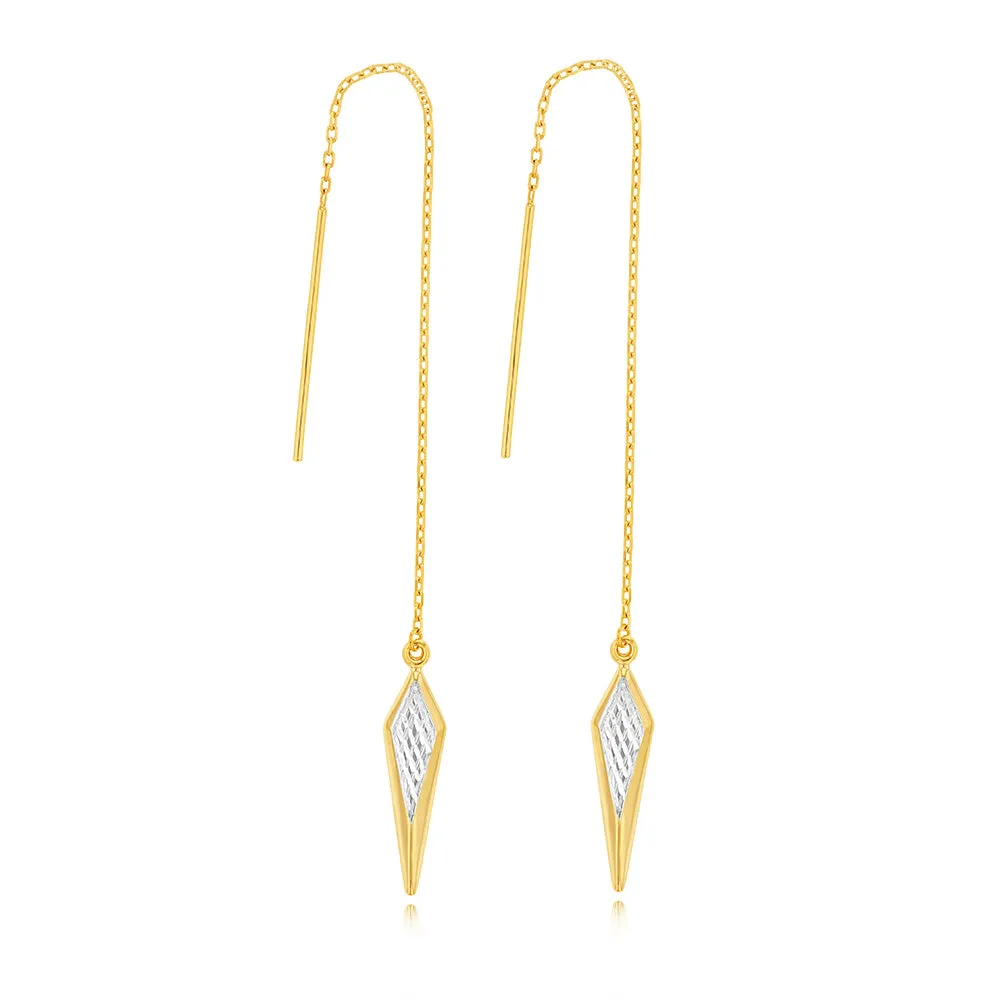 9ct Yellow And White Gold Two Tone Fancy Diamond Shape Drop Threader Earrings