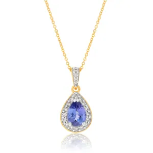 9ct Yellow Gold 0.75ct Tanzanite and 0.15 Carat Diamond Pear Pendant on 45cm Chain