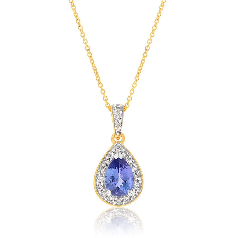 9ct Yellow Gold 0.75ct Tanzanite and 0.15 Carat Diamond Pear Pendant on 45cm Chain