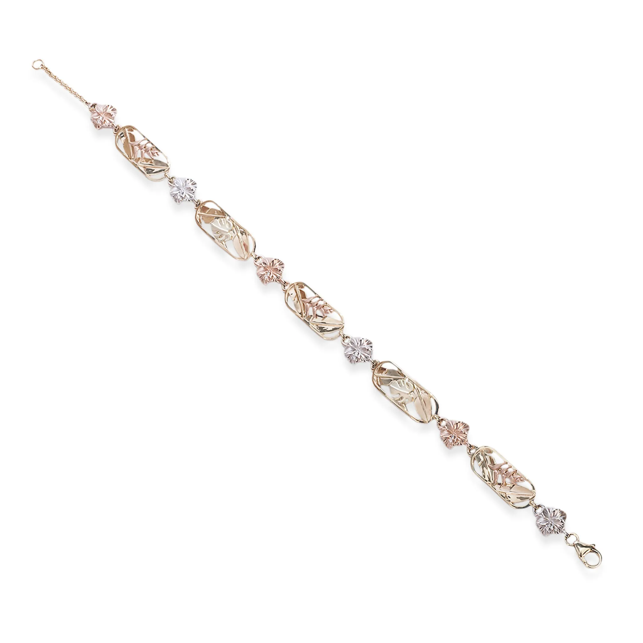 Adjustable 7.25-8.25" Hawaiian Gardens Hibiscus Bracelet in Four Tone Gold with Diamonds