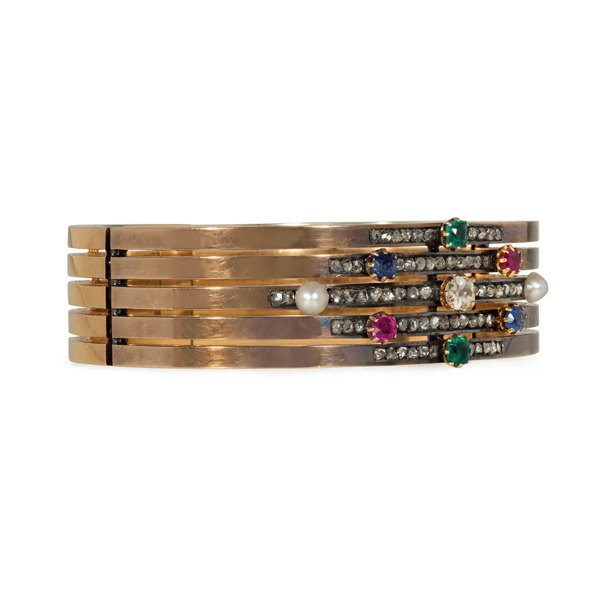 Antique 18KT Yellow Gold Multigem Bangle Bracelet
