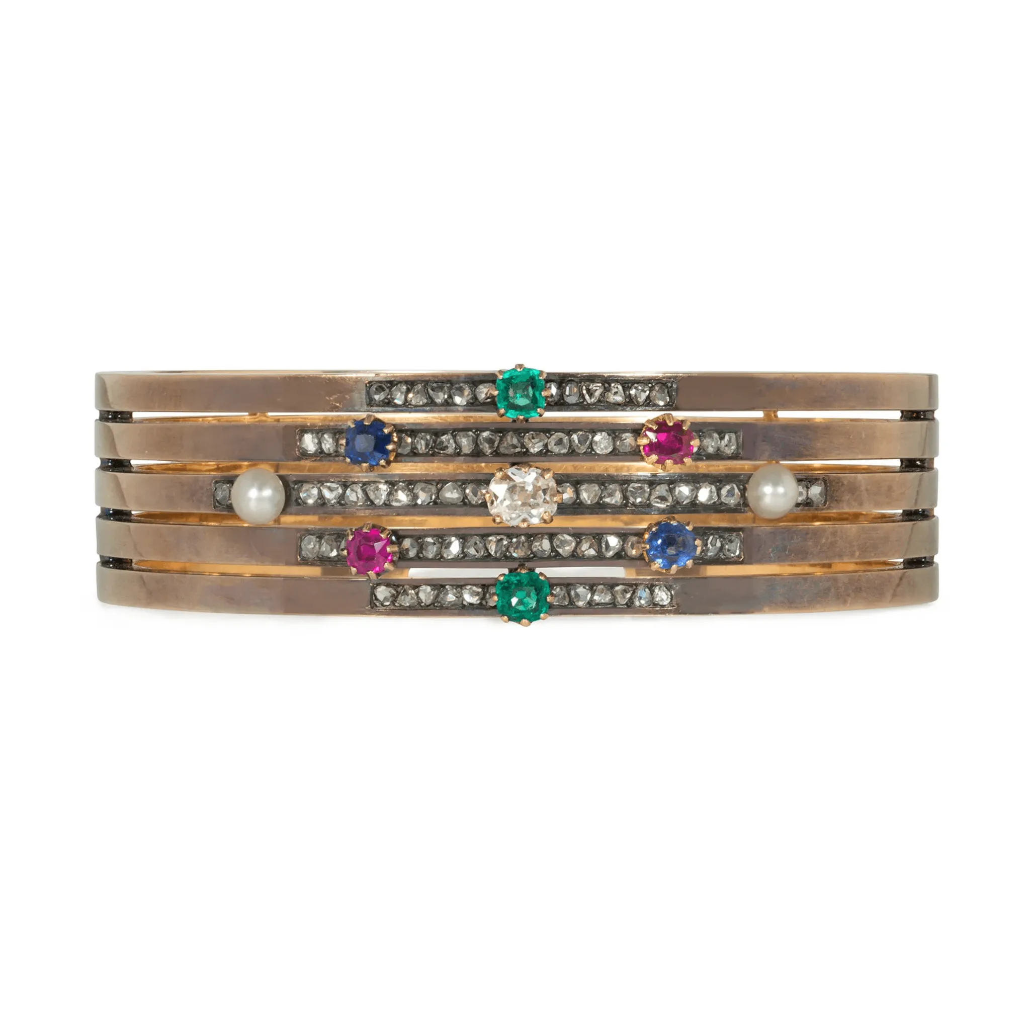 Antique 18KT Yellow Gold Multigem Bangle Bracelet