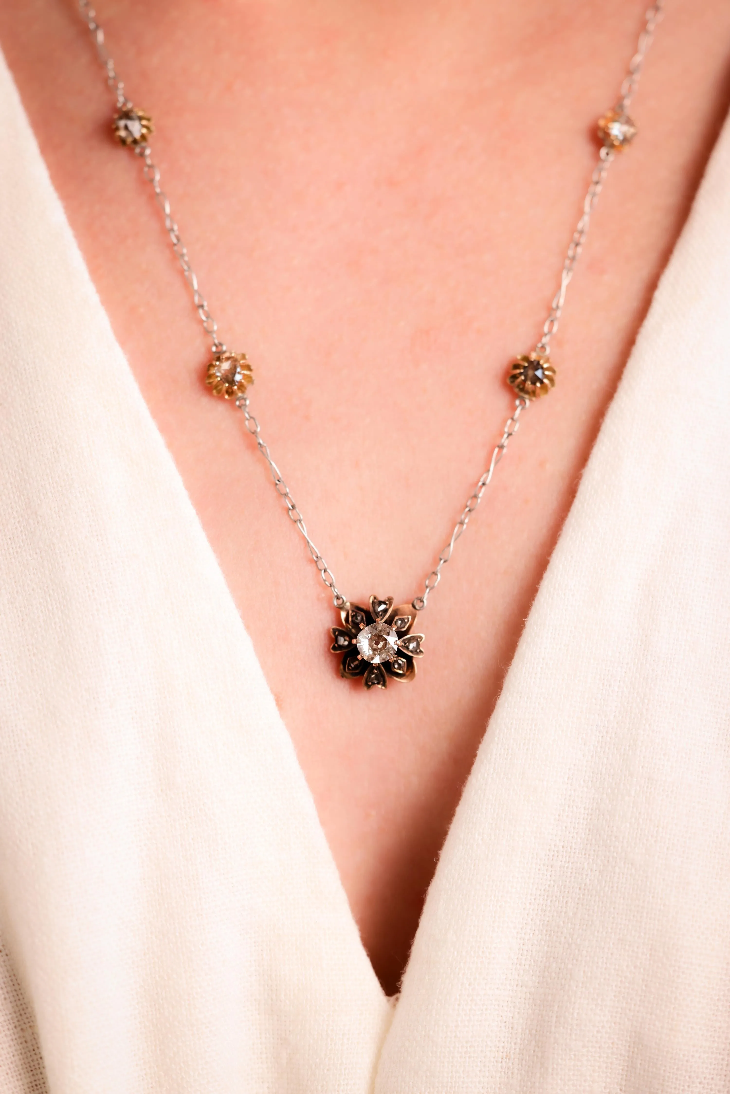 Antique Diamond 14K White Yellow Gold Flower Necklace